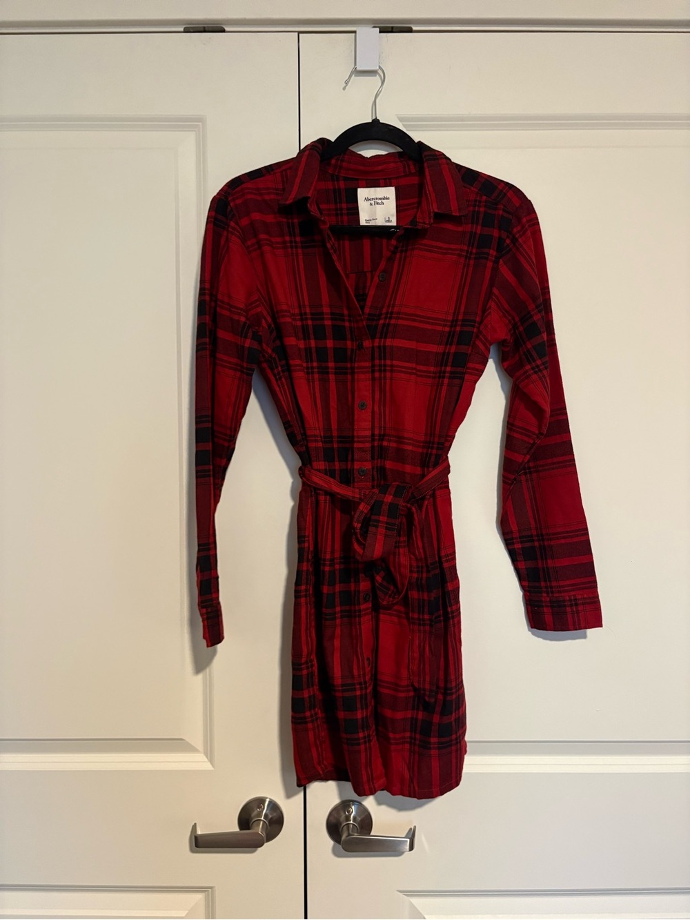 Abercrombie & Fitch Red and Black Plaid Tie-Waist Shirt Dress